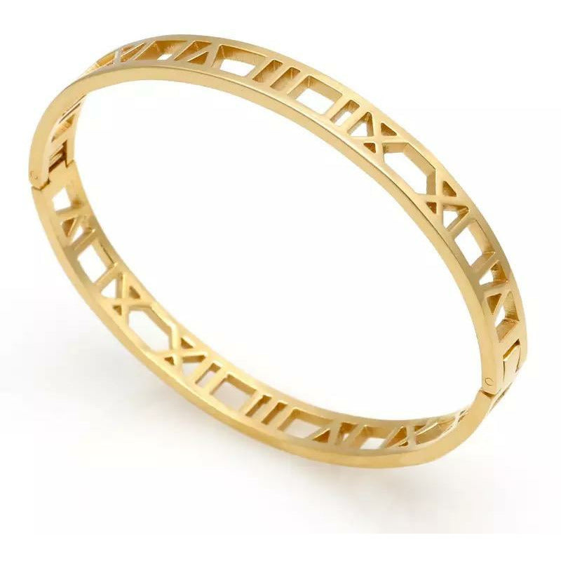 Gold Hollow Roman Numeral Bangle Bracelet - Designer Inspired Jewelry 