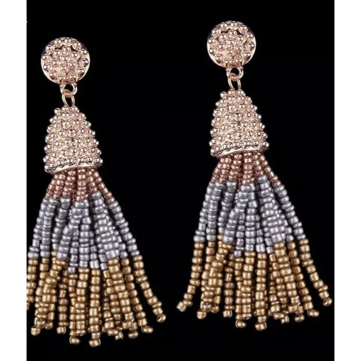 Beaded fringe long tassel earrings- pink, gold, silver and neutral 