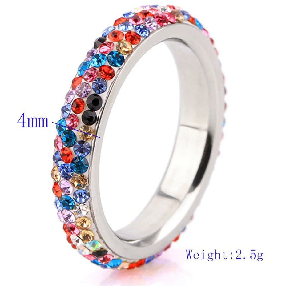 A Rainbow Multicolor Rhinestone Stainless Steel Ring