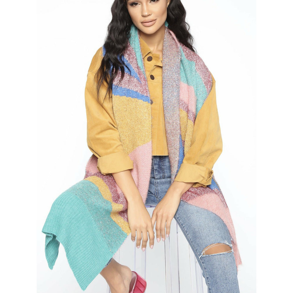 Pastel pink blue yellow color block big and long scarf