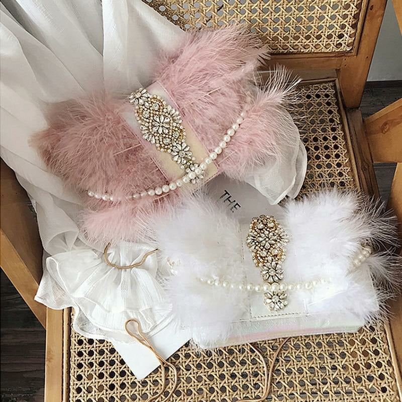 Feather Gatsby Clutch Crossbody Bag - Pink or White