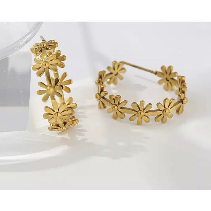 Sunflower Round Gold Hoops - Stainless Steel