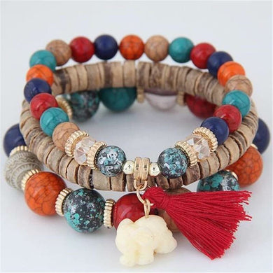 7 Chakra, Natural Wood Beaded Bracelet with a beautiful elephant pendant