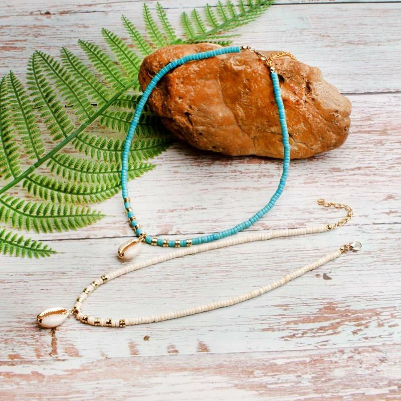 cowrie shell choker chain necklace - white gold turquoise blue 