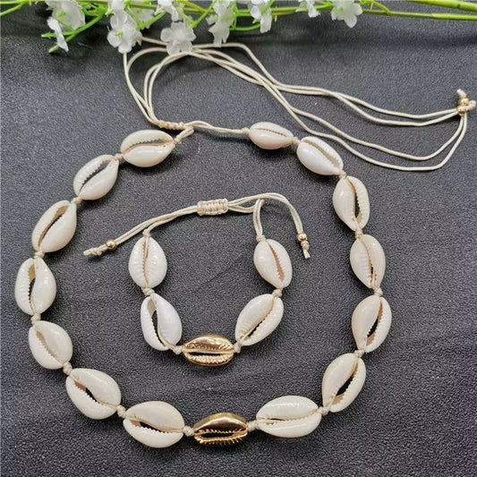 Beach Cowrie Gold Shell Necklace and Bracelet Set 