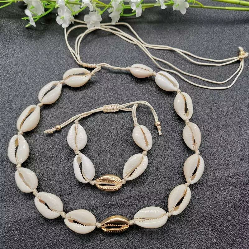 Beach Cowrie Gold Shell Necklace and Bracelet Set 