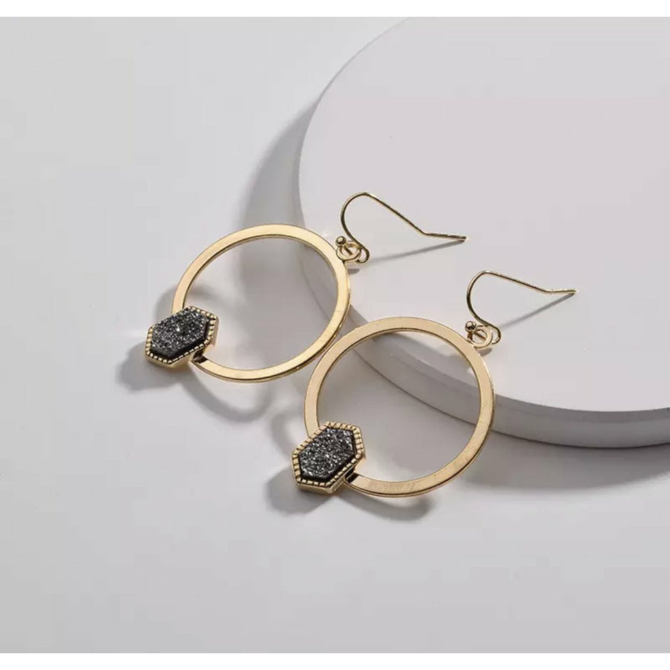 Drusy druzy Gold Drop Earrings- Hematite 