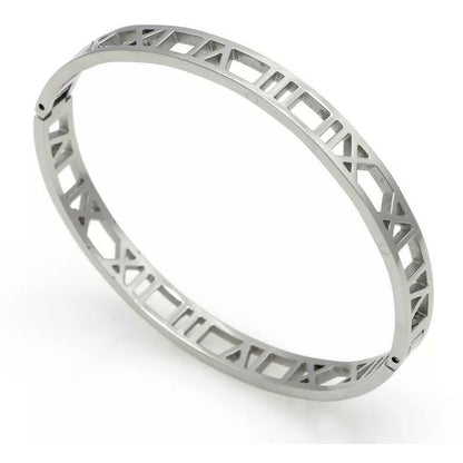 Silver Hollow Roman Numeral Bangle Bracelet - Designer Inspired Jewelry 