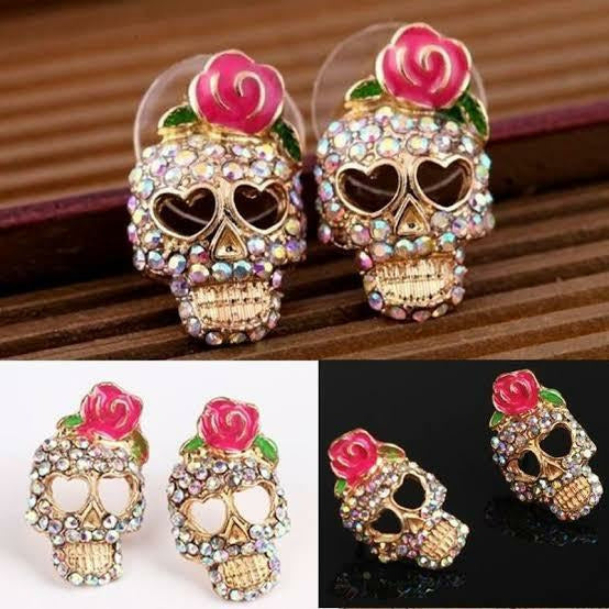Skull-n-Roses Earrings- Pink / Gold