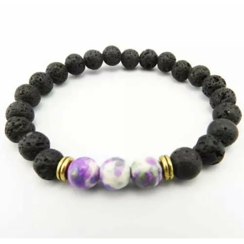 Lava beaded bracelet with sea glass stones - Black, blue, turquoise, purple, brown