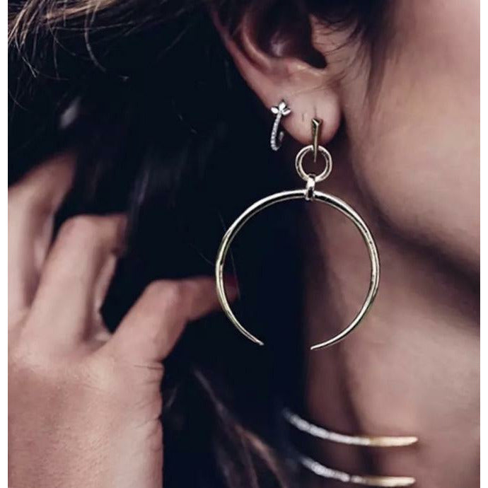Silver crescent tribal moon drop earrings 