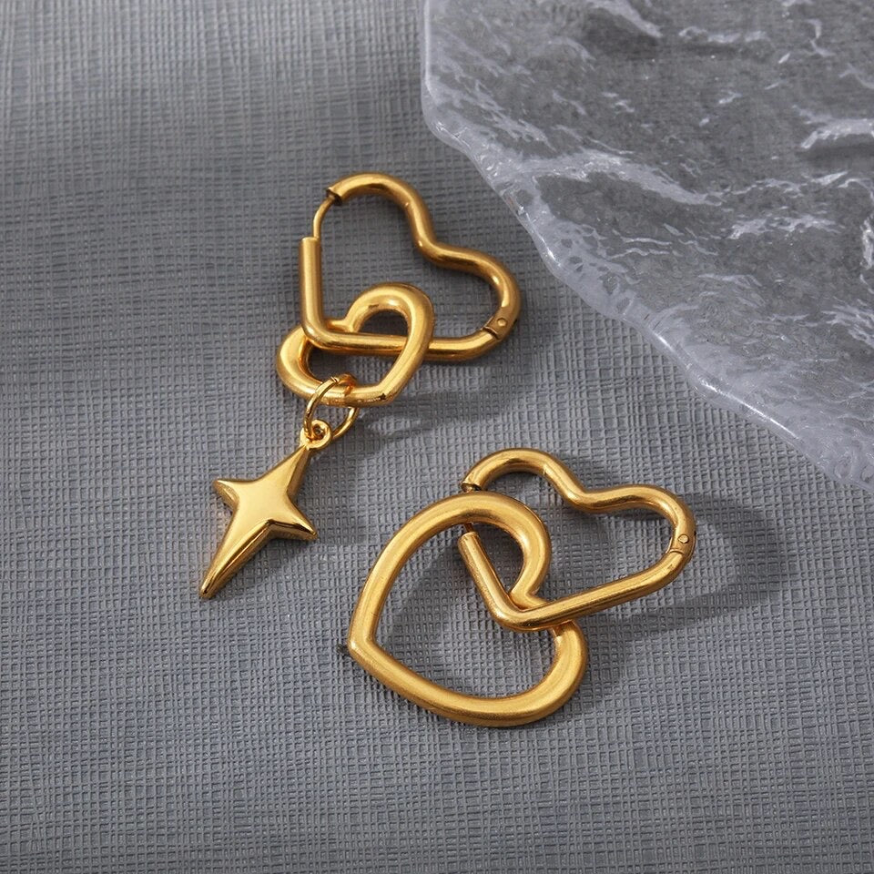 Heart-Star Mismatched Drop Earrings- Stainless Steel