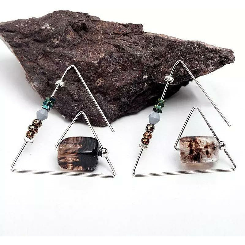 Geometric Triangle wired earring with natural stones - Gold and Silver 