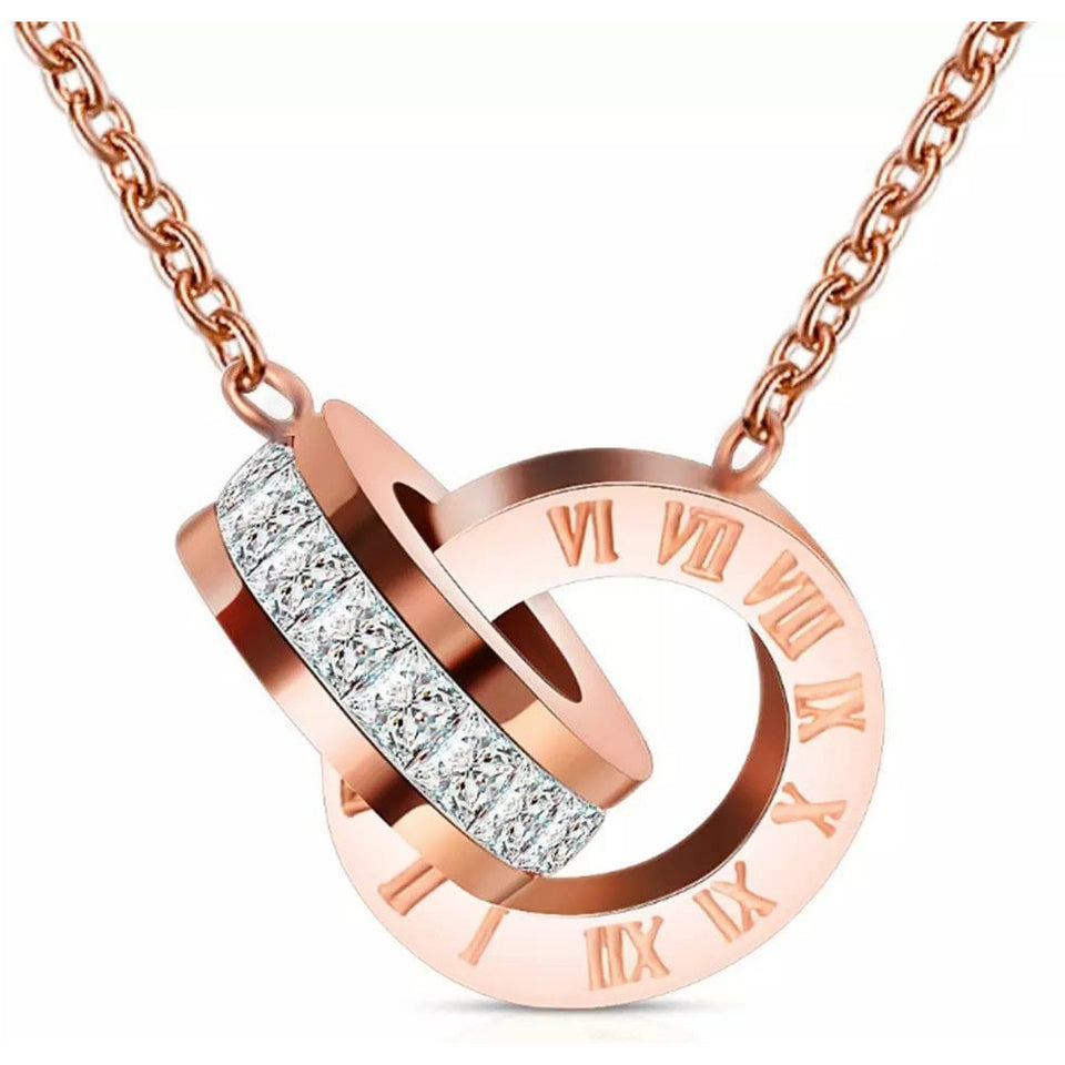 Love friendship interlocking roman numeral ring necklace - rose gold