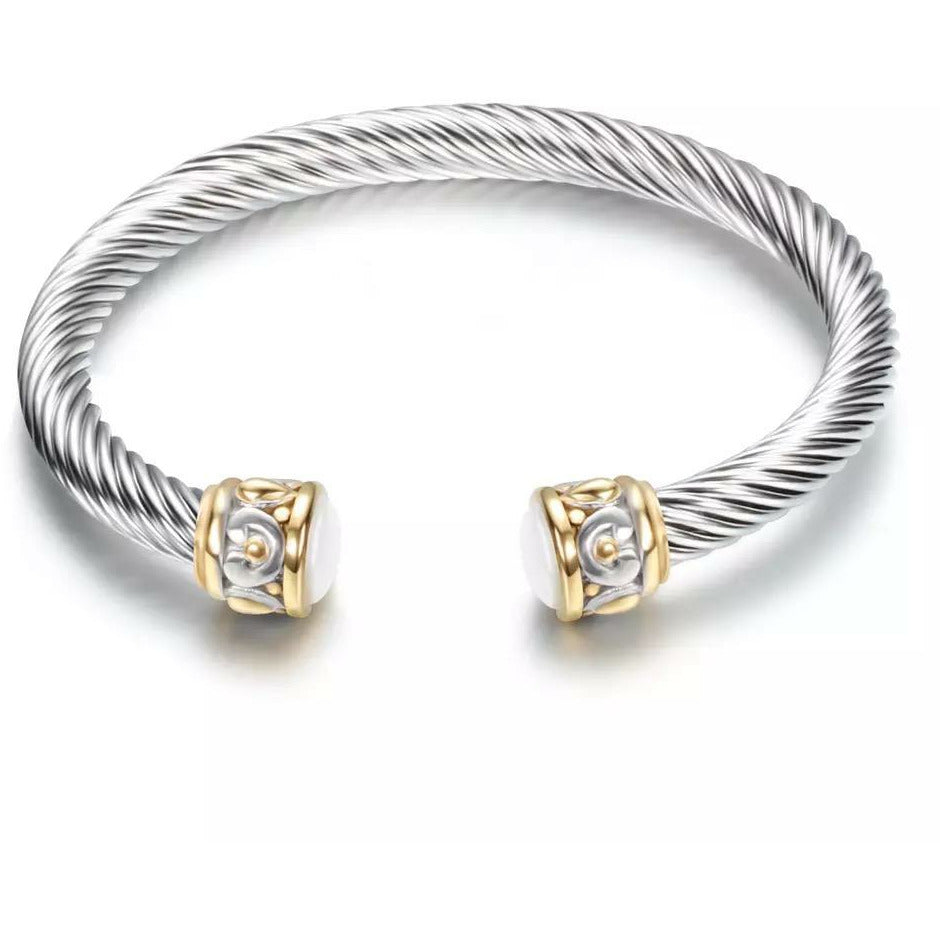 Stainless steel David Yurman Inspired Cuff Bracelet- Gold Silver w/ Gray knob